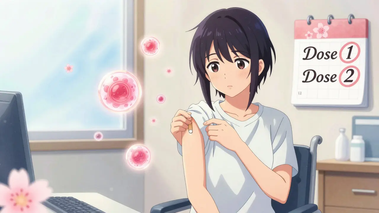 A young person with a chronic condition getting vaccinated, surrounded by glowing immune cells like cherry blossoms.