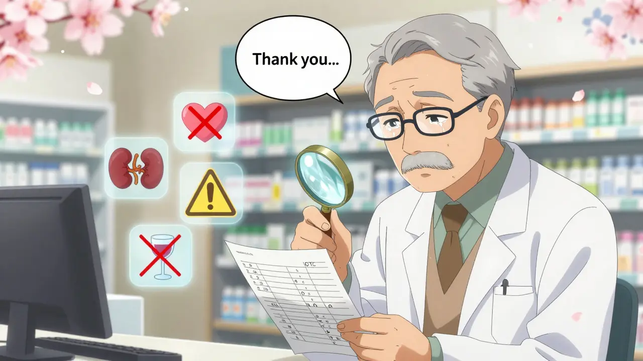 An elderly man receiving medication advice from a pharmacist with a list of his drugs.