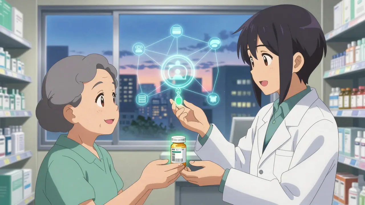An elderly patient receiving medicine from a pharmacist, the bottle glowing green as digital networks glow in the background.