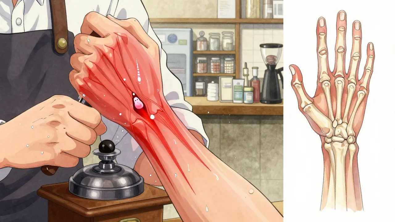 Barista gripping a grinder, translucent red pressure glowing around her wrist as nerve figures struggle.