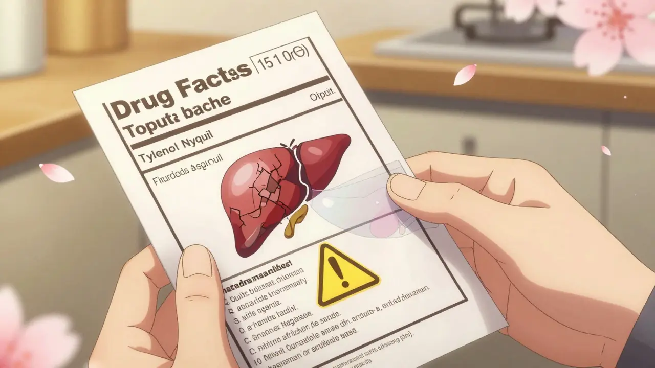 Close-up of a hand reading a Drug Facts label with transparent overdose warnings overlaying it.