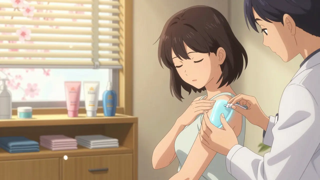 Dermatologist applying cream to a woman's shoulder in a warm, peaceful office setting.