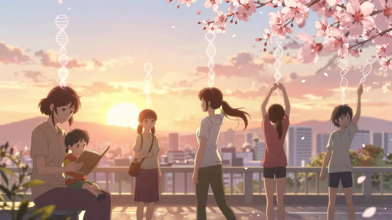 Diverse women in daily life with dissolving hormone receptors above them, petals turning into DNA, symbolizing healing and hope.