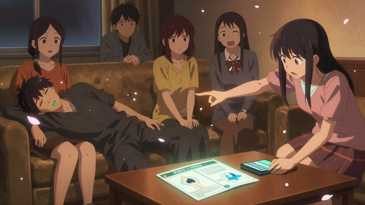 Friends react in panic to an unconscious person with blue lips, holding a phone and an overdose warning card.