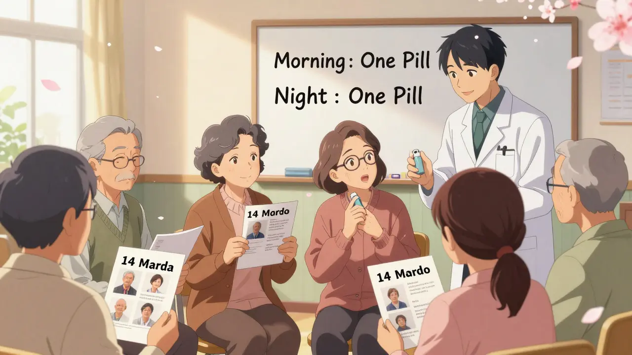 Group of older adults in community center holding clear health handouts with photos and simple instructions.