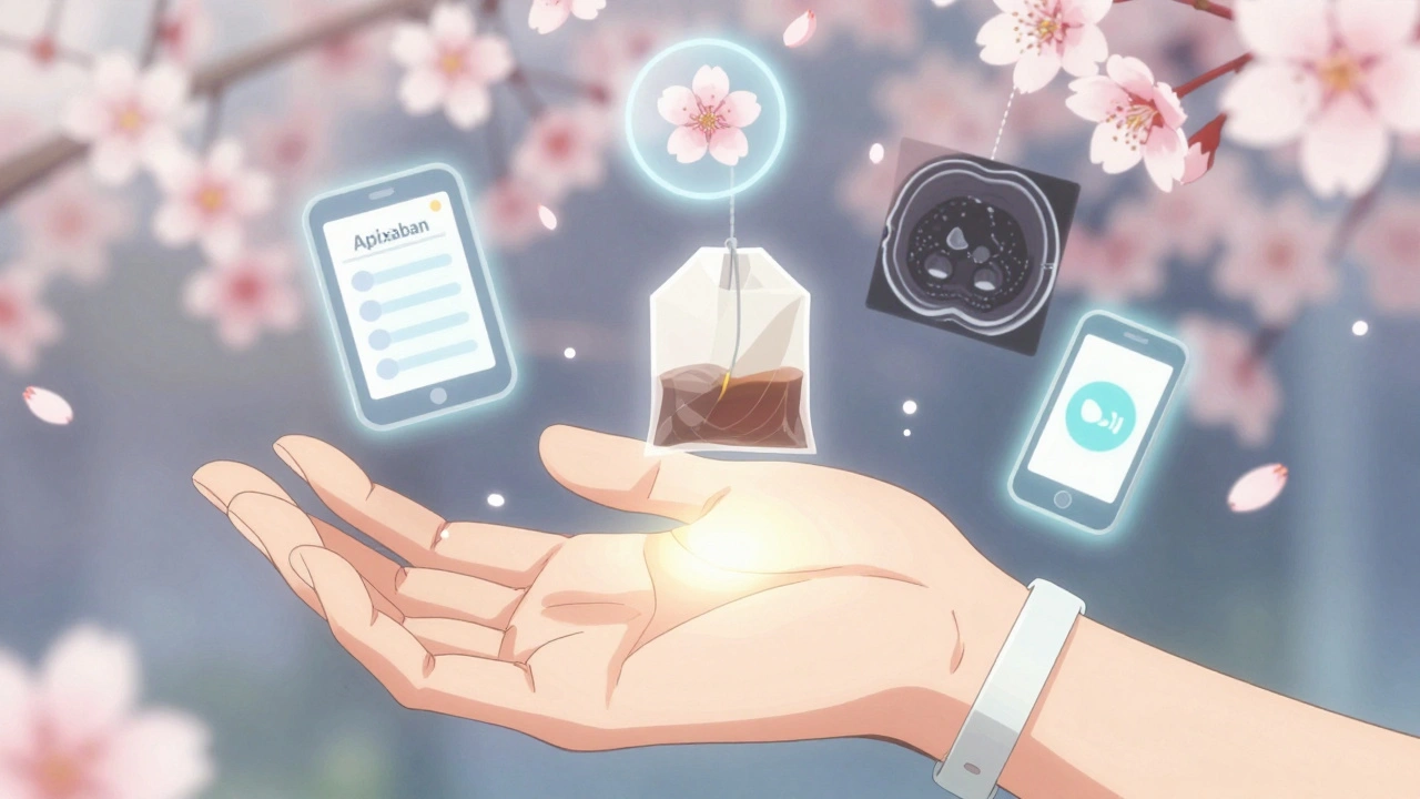 Medical ID bracelet floating with icons of medication, teabag, CT scan, and telehealth call, surrounded by cherry blossoms.