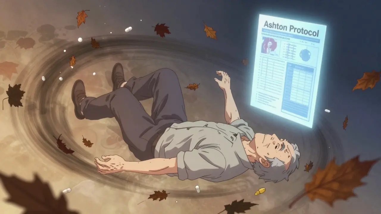Older man falling slowly amid swirling pills, with medical protocol glowing in background.