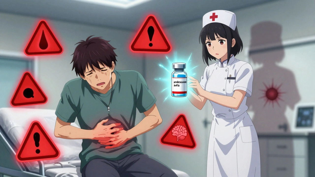 Patient in emergency room with glowing warning symbols of internal bleeding, nurse holding reversal agent.