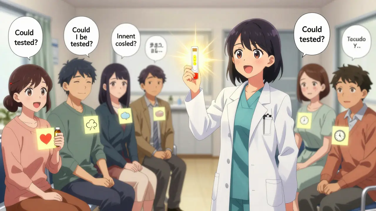 Patients in a clinic hold medication bottles with glowing symptom symbols as an allergist reveals a test kit.