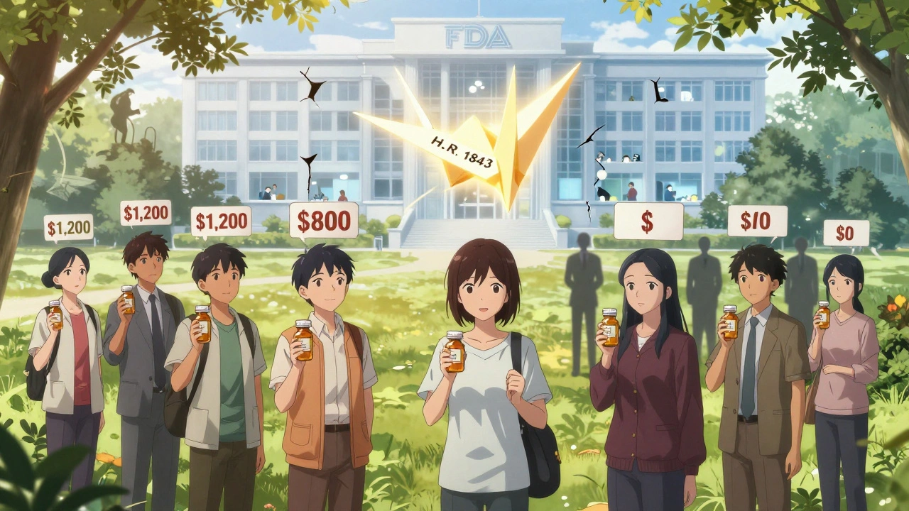 Patients in a park holding pill bottles with different prices, a paper crane bill floats above them as a crumbling FDA building looms in the distance.