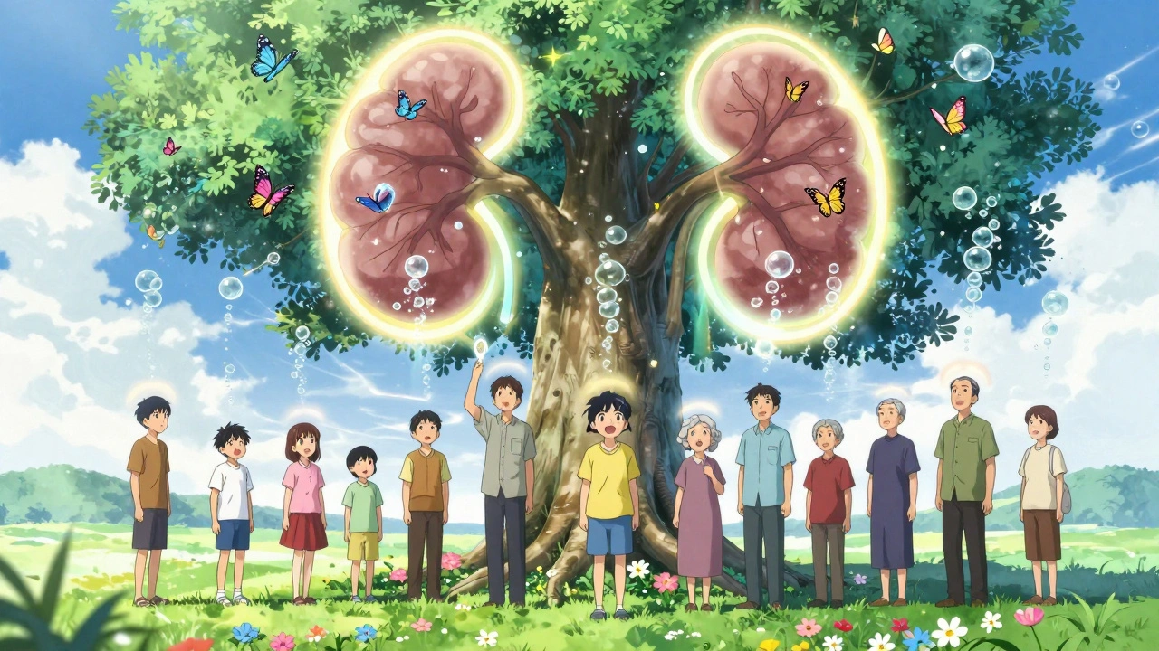 Patients stand under a kidney-shaped tree, protein bubbles turning into butterflies.
