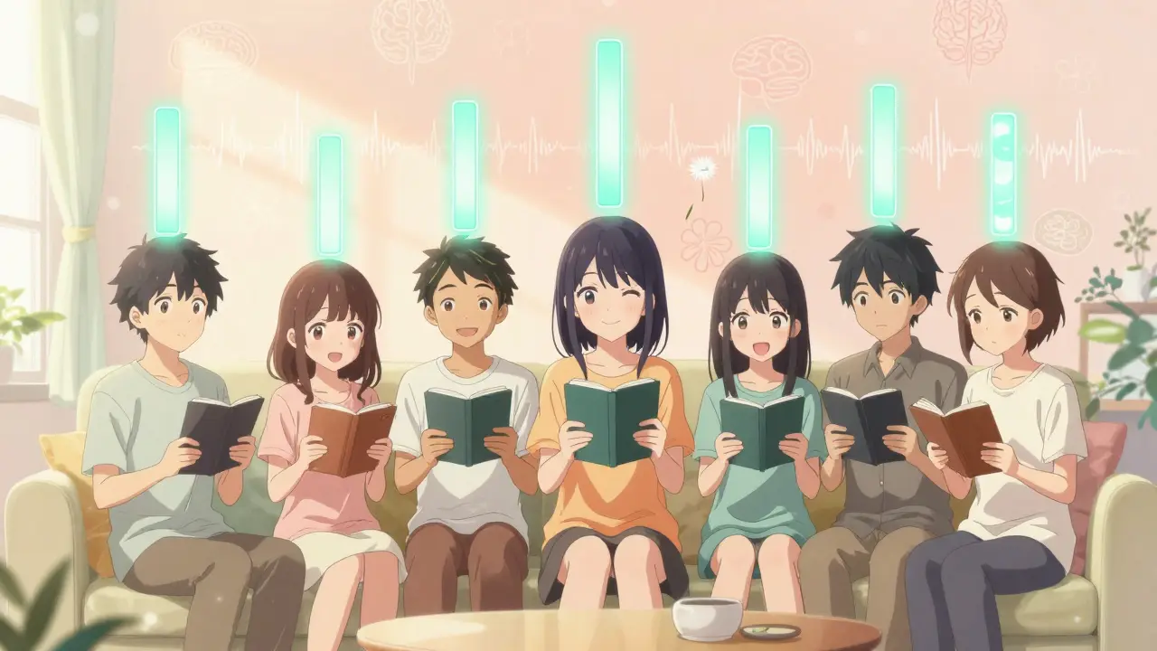 People in a sunlit room with glowing progress bars symbolizing cognitive recovery.