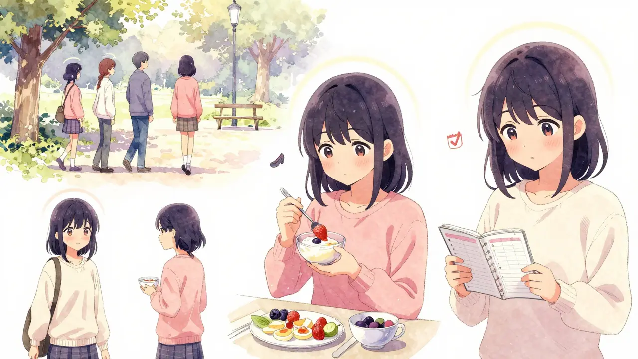 People practicing daily habits like walking, eating breakfast, and planning their week.