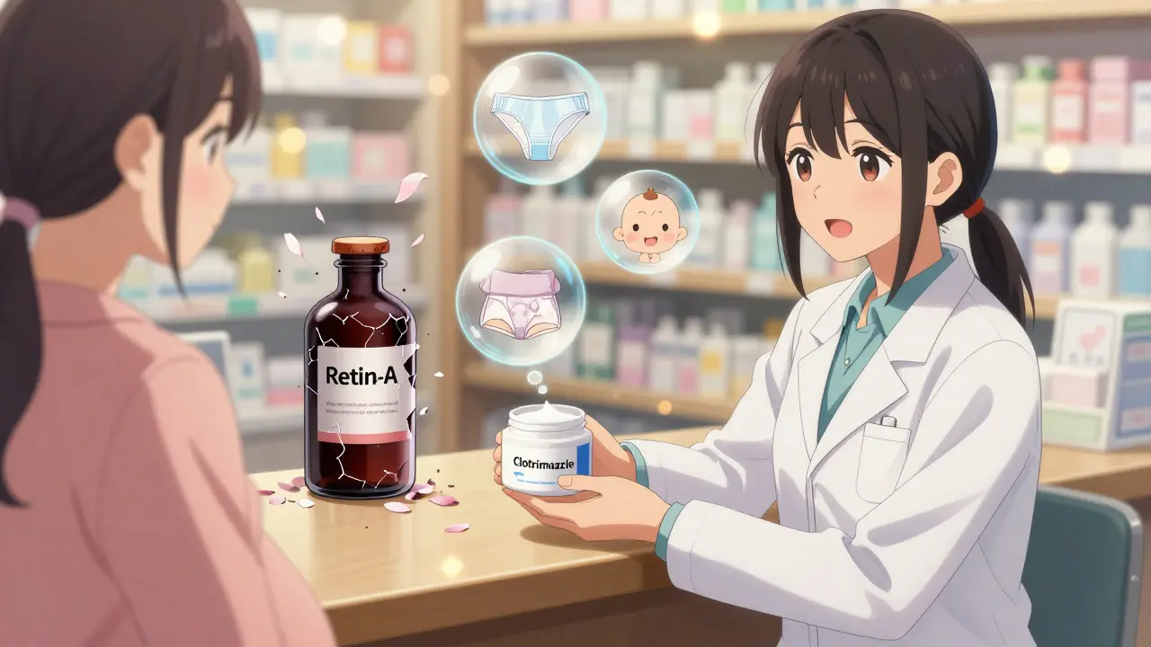 Pharmacist handing a pregnant customer antifungal cream with safe pregnancy symbols in thought bubbles.