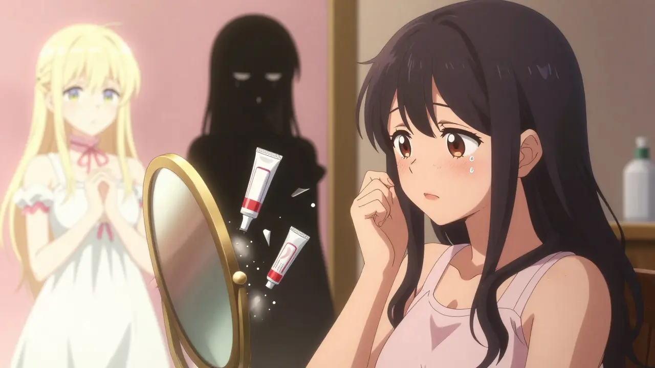 Pregnant woman facing a mirror with glowing safe acne treatments and crumbling risky ones behind her.