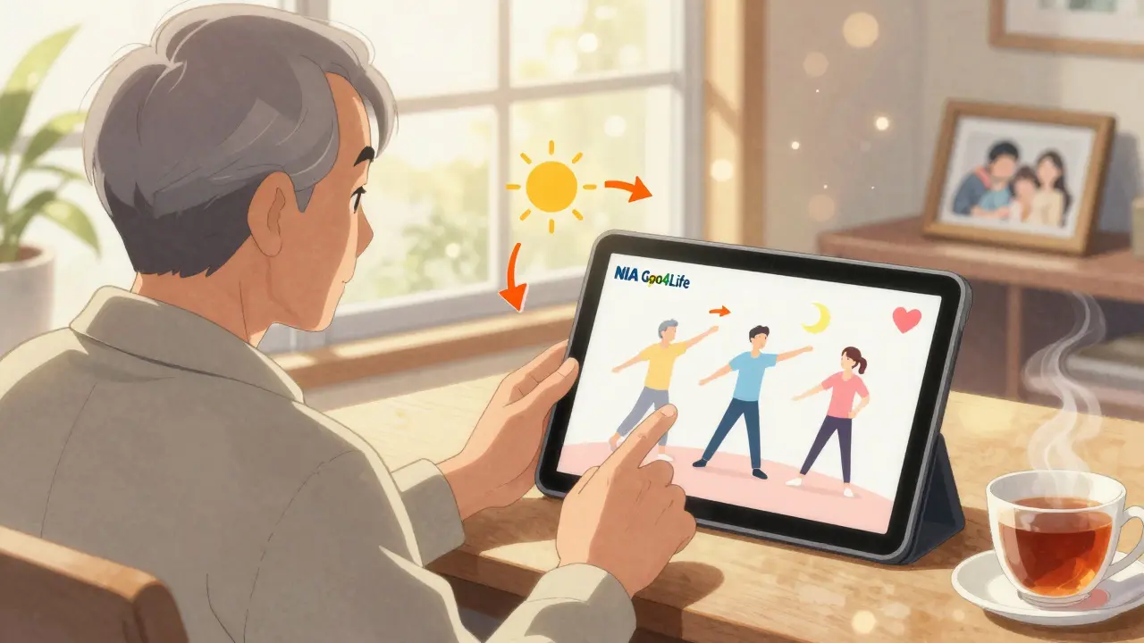 Senior man watching a voice-guided exercise video on a tablet with animated icons and sunlight streaming in.