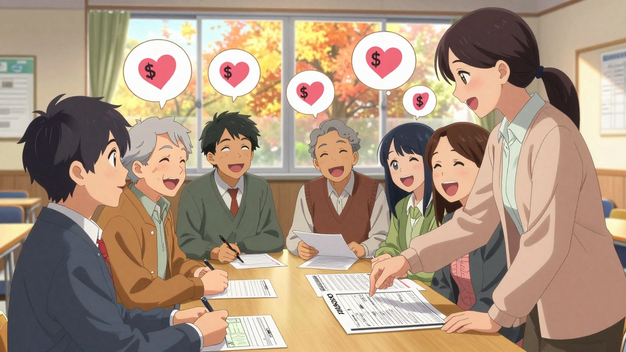 Seniors filling out renewal forms together in community center, counselor guiding them warmly.