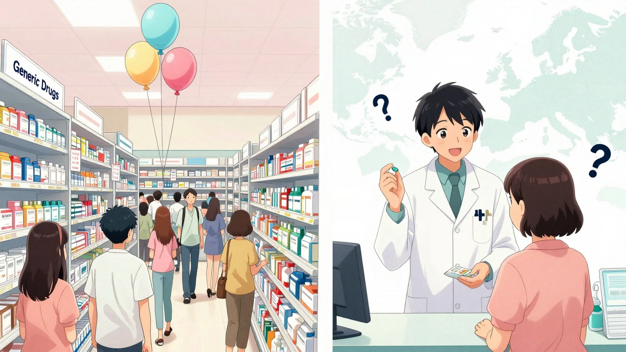 Split scene: a chaotic U.S. pharmacy with soaring drug prices versus a calm UK pharmacy where a pharmacist hands a patient a generic pill.