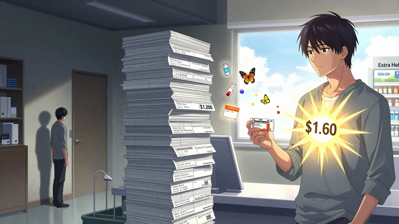 Split scene: man overwhelmed by bills vs. same man relieved at pharmacy with low-cost prescription.