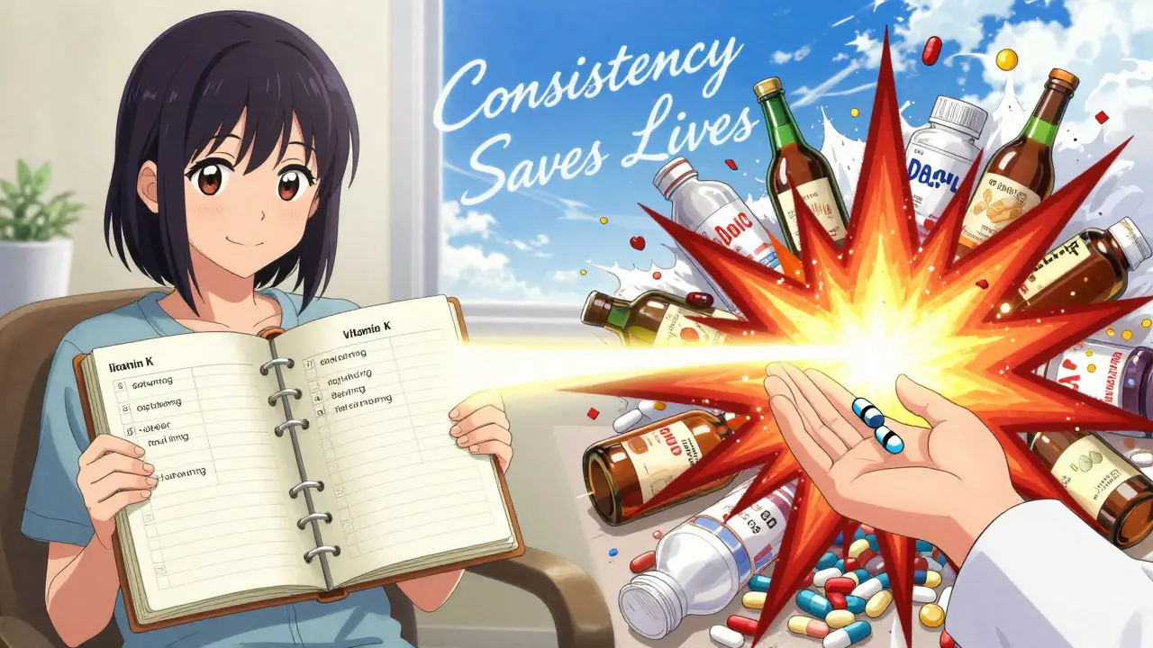 Split scene: one side shows consistent food logging, the other chaotic interactions with warfarin.