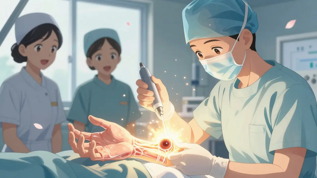 Surgeon freeing a glowing nerve with a thin tool, golden light radiating from the decompressed tunnel.