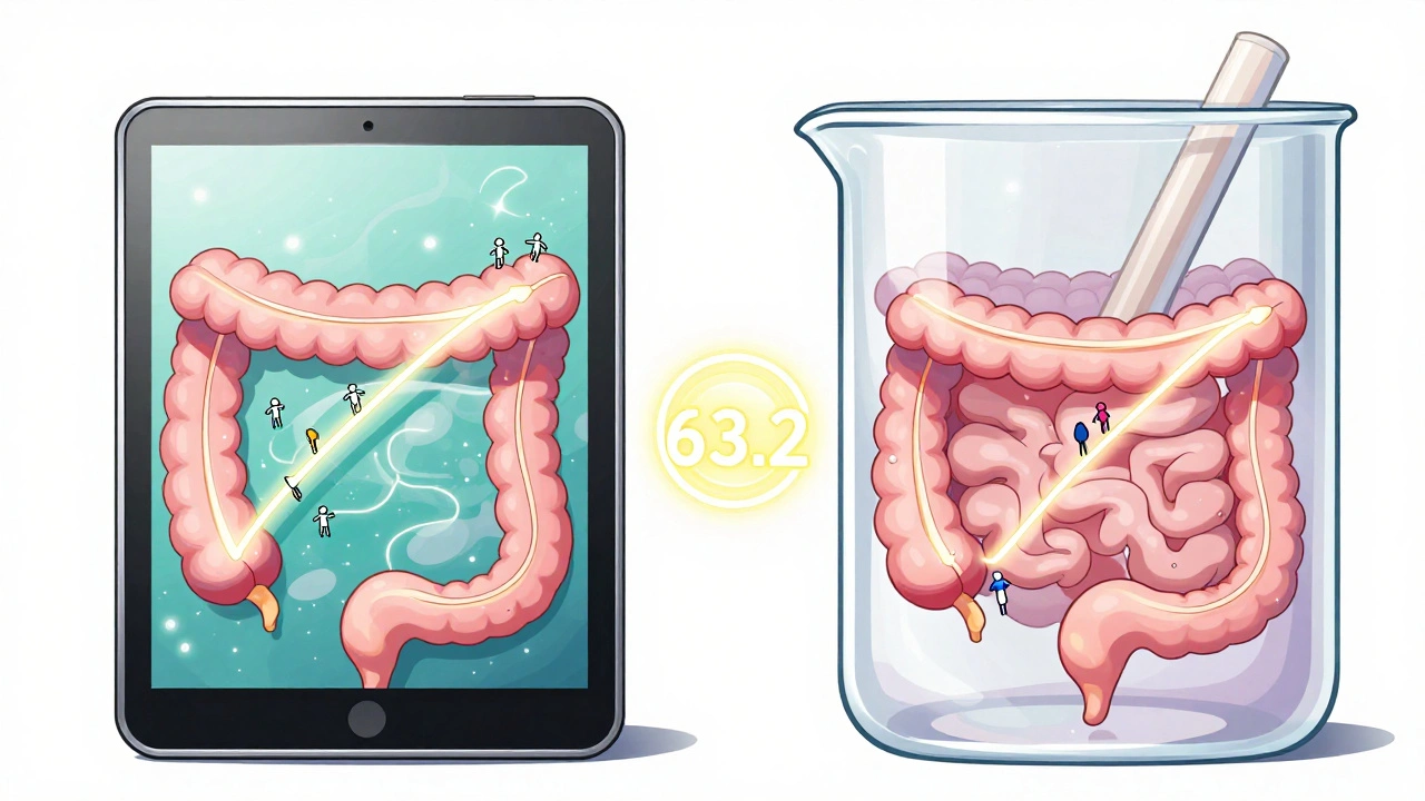 Two tablets dissolving with light ribbons forming intestinal curves and a glowing f2 score between them.