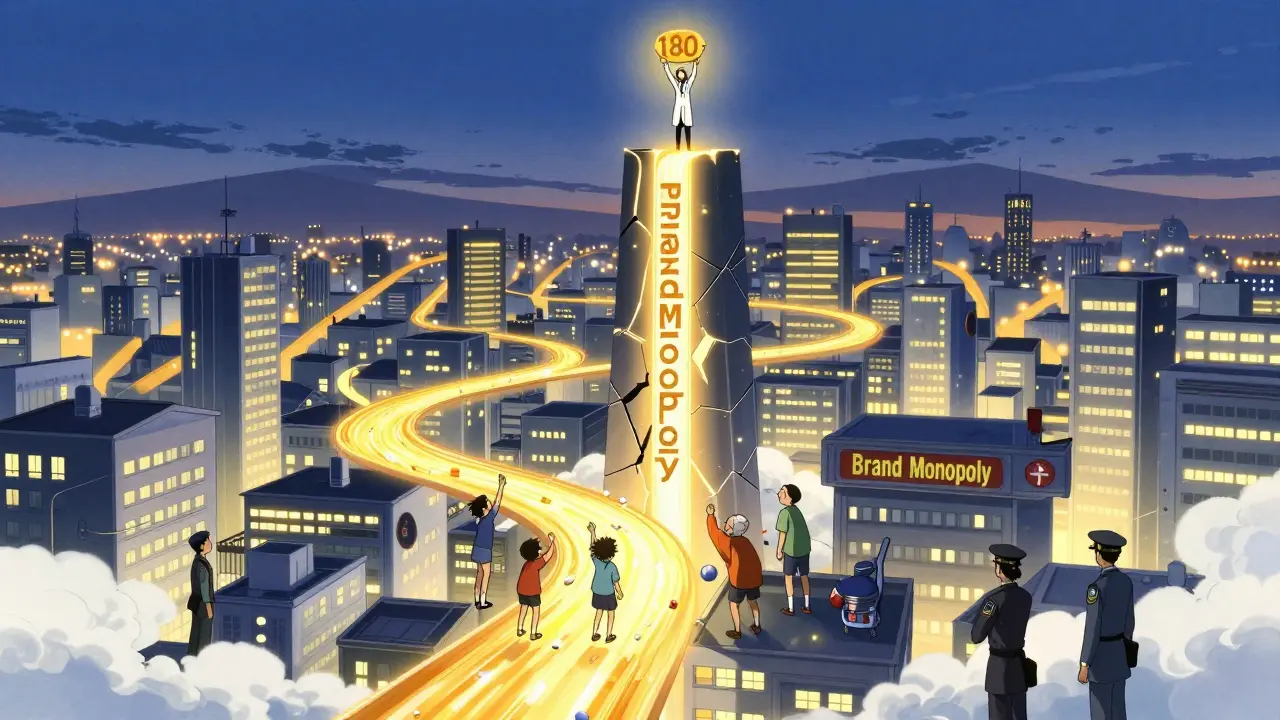 A city bathed in golden medicine light, with a figure holding an exclusivity trophy atop a crumbling patent tower.