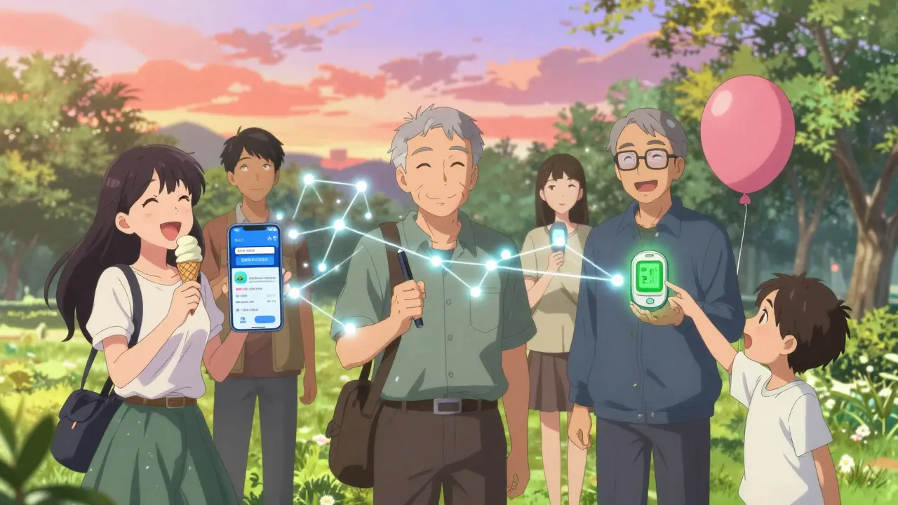A diverse group of people in a park connected by glowing data threads, smiling as their CGMs and apps predict and manage blood sugar together.