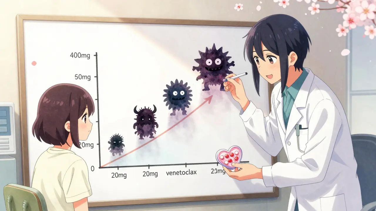 A doctor and patient review a watercolor titration chart, protected by angelic figures as side effect shadows fade away.