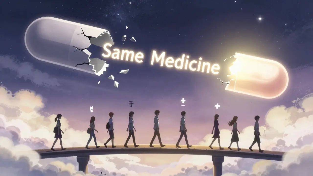 A giant cracked generic pill forms a bridge of light to a radiant brand-name pill, with patients walking across toward hope.