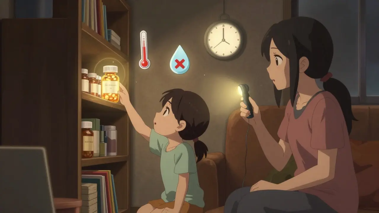 A girl retrieves a sealed pill bottle during a power outage, with symbolic icons of temperature and time floating around.