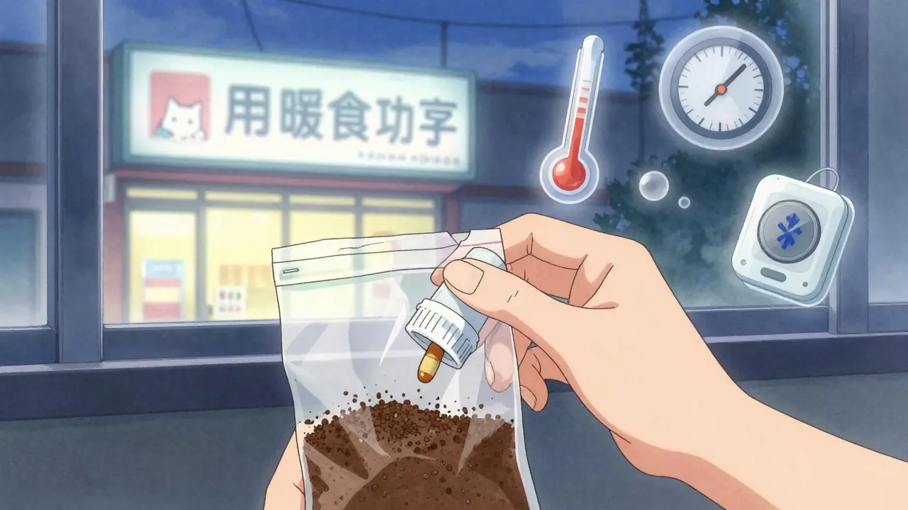 A hand disposing of pills safely with floating environmental sensors nearby.