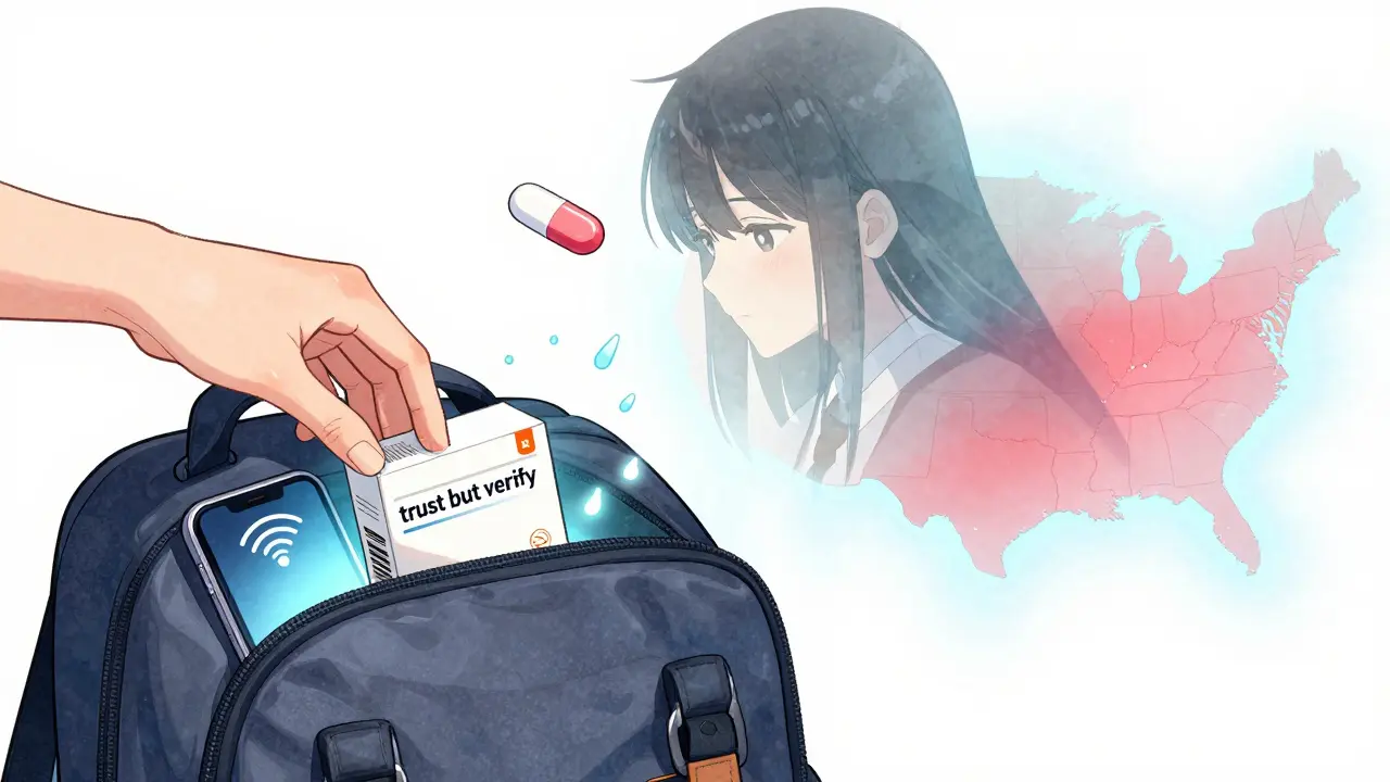 A hand places a medicine box in a bag while a fake pill fades away, with a faint U.S. map showing risk zones in the background.