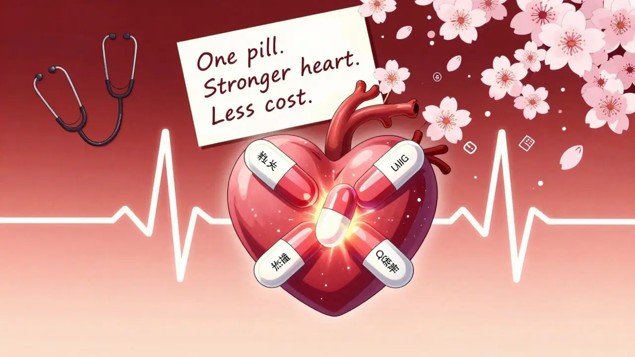A heart made of fused pills glows as cherry blossoms fall, representing affordable heart health.