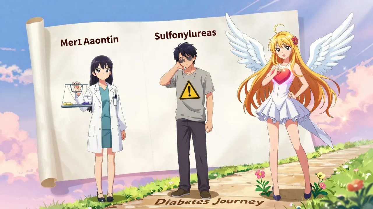 A magical medical chart comparing three animated drug representatives with heart, kidney, and weight symbols on a journey path.