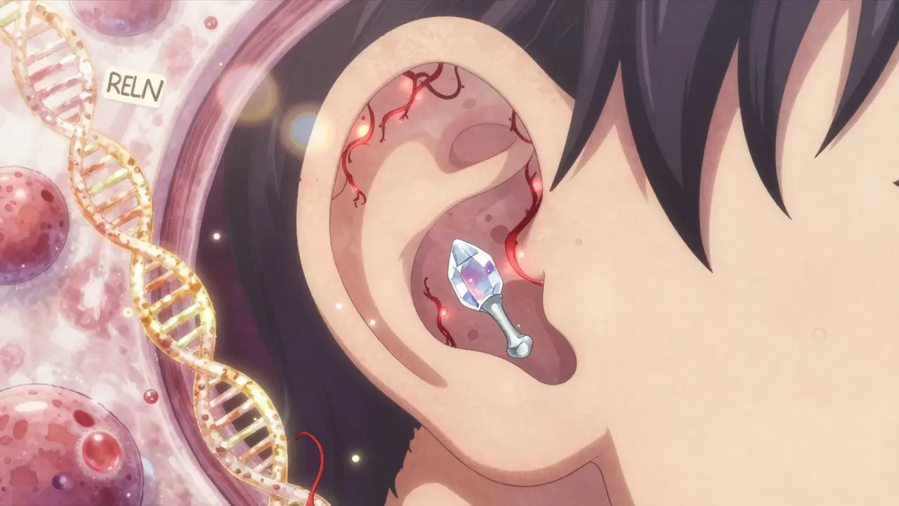 A microscopic view inside the ear shows a fragile stapes bone trapped in glowing porous bone growth, with golden gene strands floating nearby.