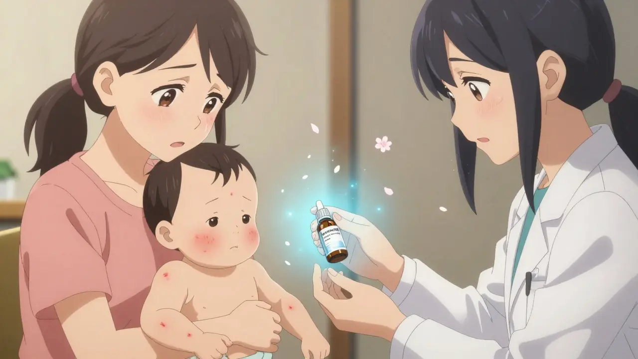 A mother receives desloratadine for her 1-year-old child with hives, surrounded by calming petals.