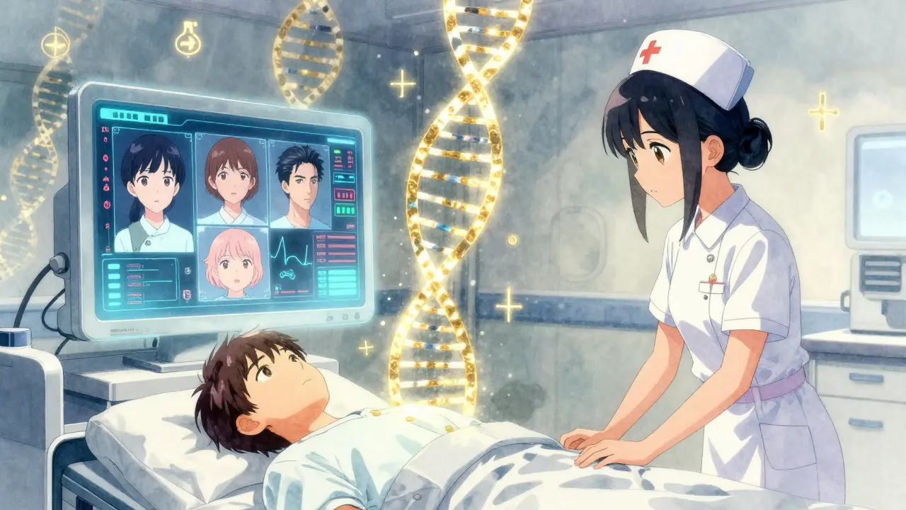 A nurse watching a glowing AI monitor above a patient, with DNA strands and medical symbols glowing softly in the background.