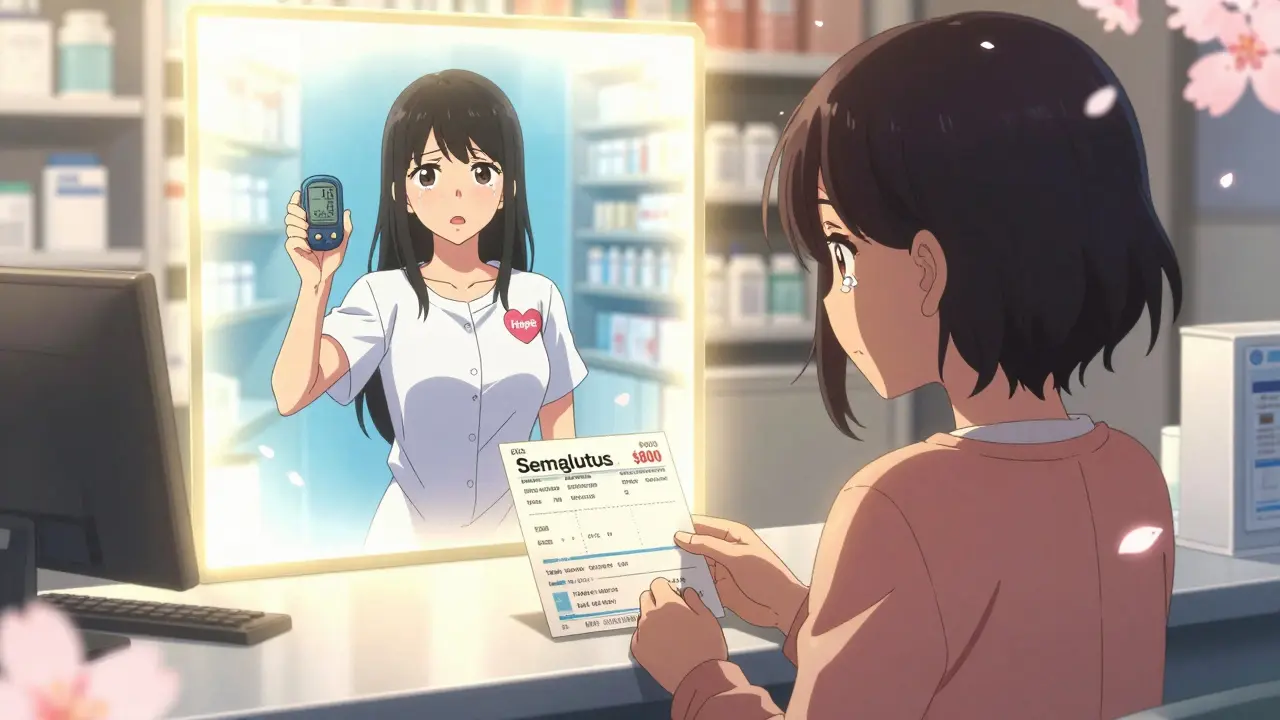 A patient at a pharmacy overwhelmed by a high price tag, with a glowing future version of herself showing hope and health.