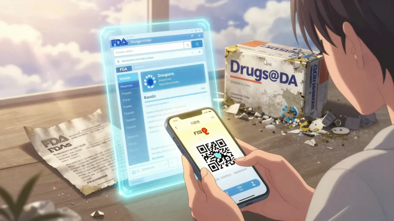 A patient scans a QR code to access the current FDA-approved label, while an old paper insert crumbles away.