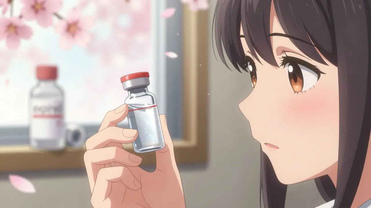 A pharmacist inspecting insulin vials with a warning label in the background, cherry blossoms drifting nearby.