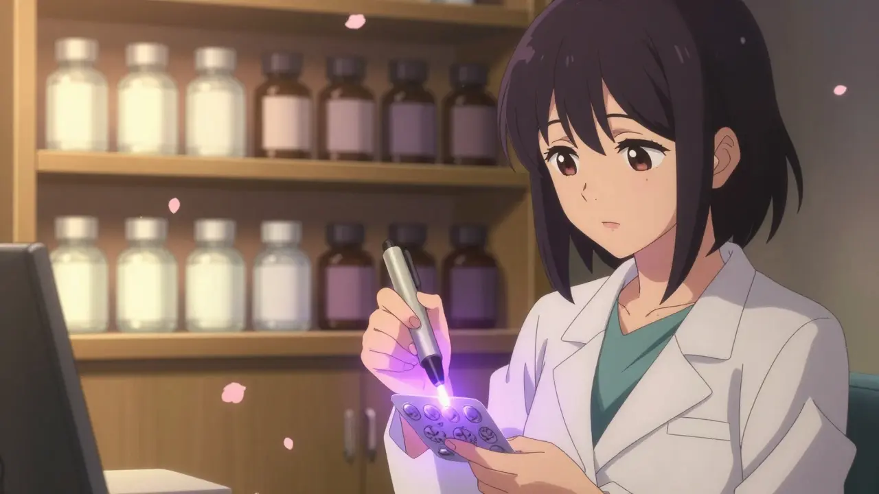 A pharmacist uses a UV pen to reveal invisible ink on a generic medicine pack in a warm clinic setting.