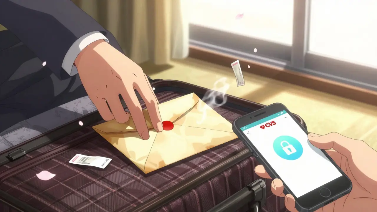 A sealed envelope with a prescription is placed in a suitcase, while a phone displays a secure pharmacy app with a lock icon.