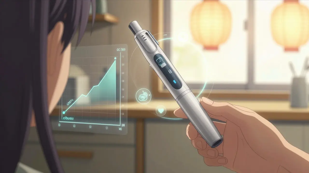 A smart insulin pen surrounded by digital icons like magical runes, hovering above a hand in a warm kitchen with morning light.