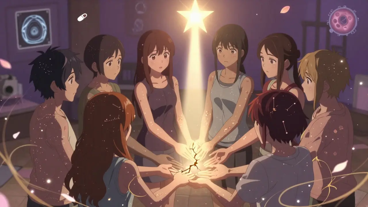 A support circle with glowing lesions, bathed in healing light as golden myelin threads repair their nerves, surrounded by floral motifs.