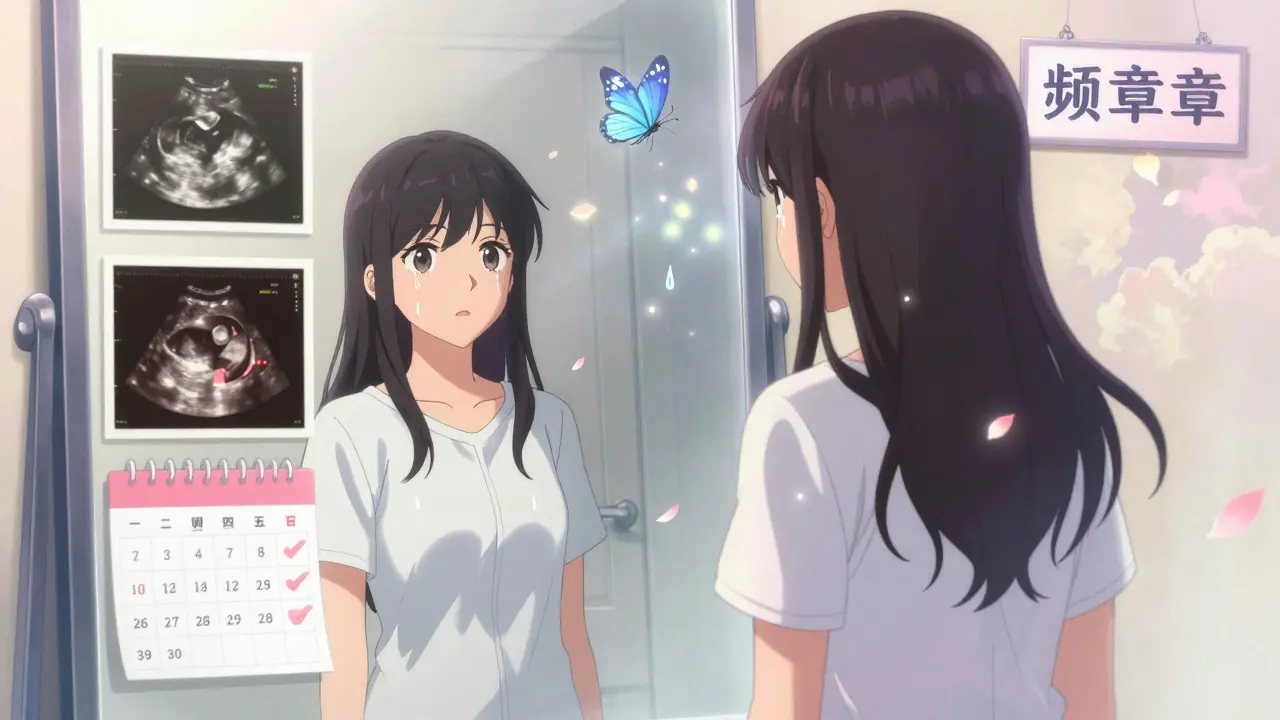 A survivor sees her medical journey reflected in a mirror, with glowing icons transforming into butterflies.