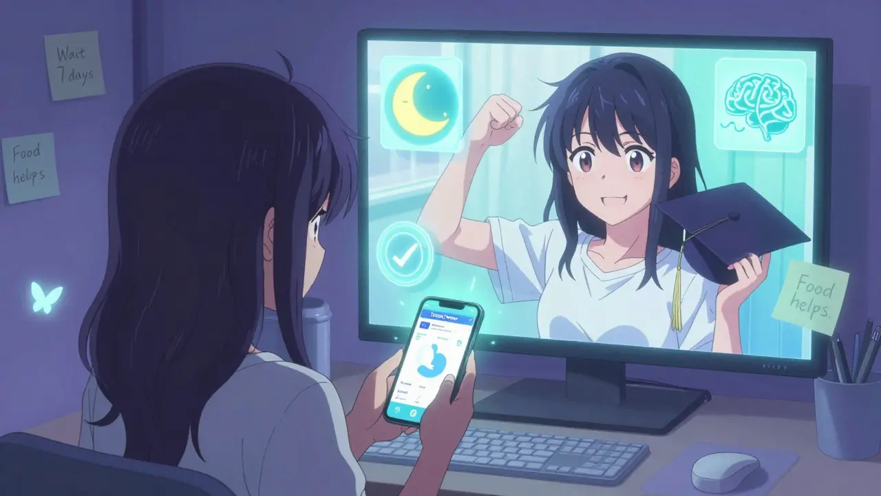 A teen uses a glowing app on her phone, surrounded by floating health icons and soft lavender light in her bedroom at night.