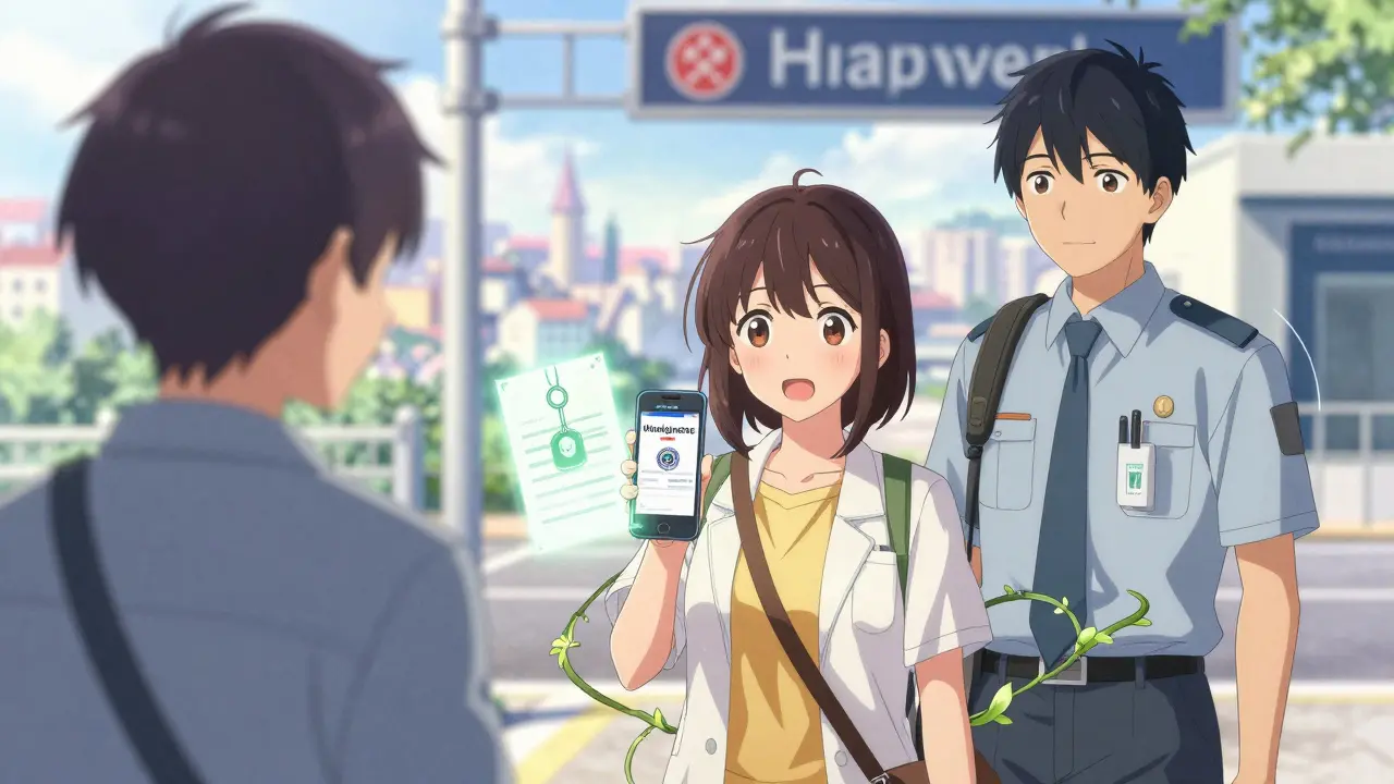 A traveler shows a secure pharmacy app to a customs officer, with a glowing doctor’s letter beside her at an international border.