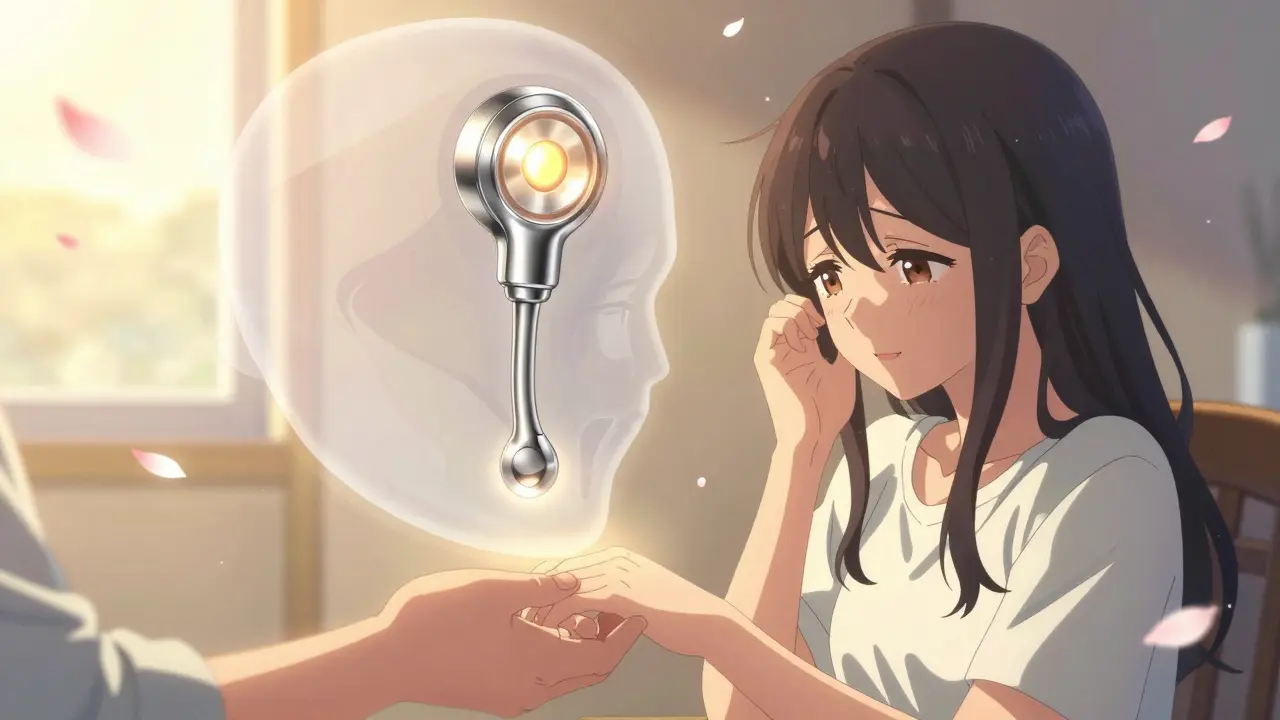 A woman cries with joy as her child whispers to her after surgery, a glowing prosthesis replacing the old bone as petals drift through golden light.