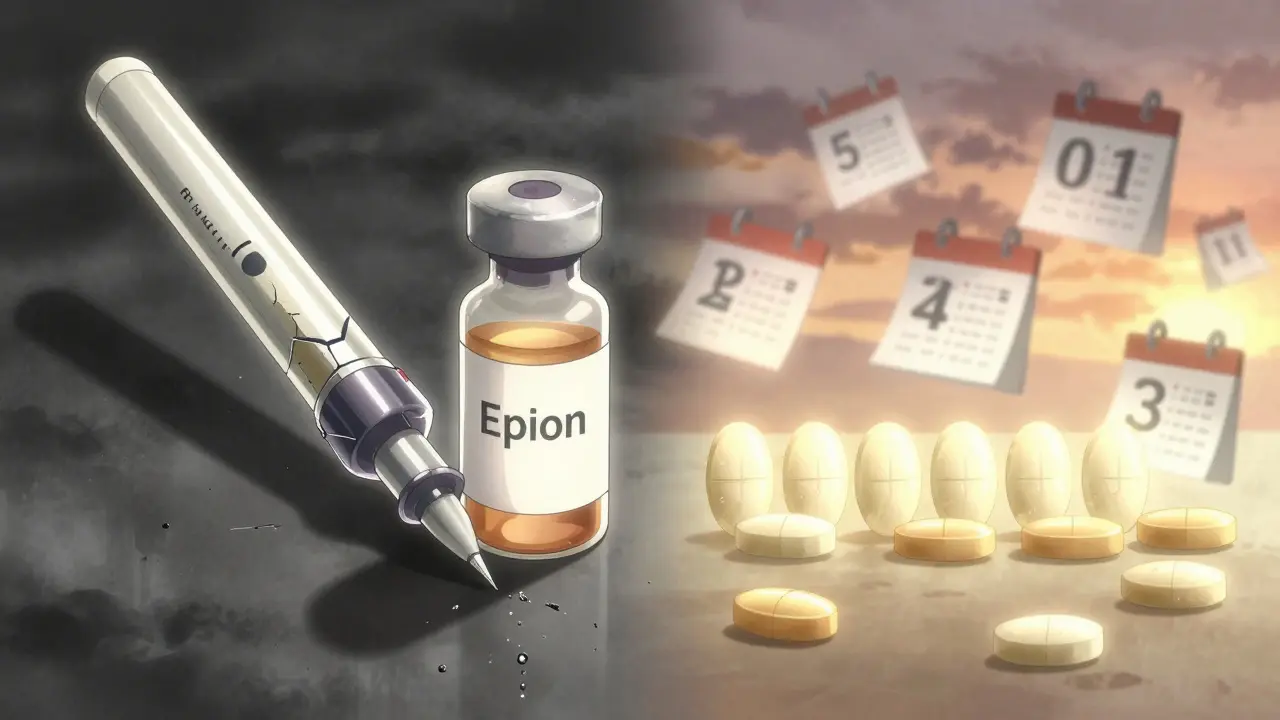 Contrasting images of dangerous expired insulin and stable pills glowing with light.